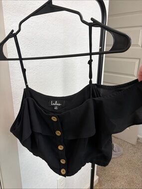 Lulu's Black Off-Shoulder Button-Front Crop Top with Spaghetti Straps